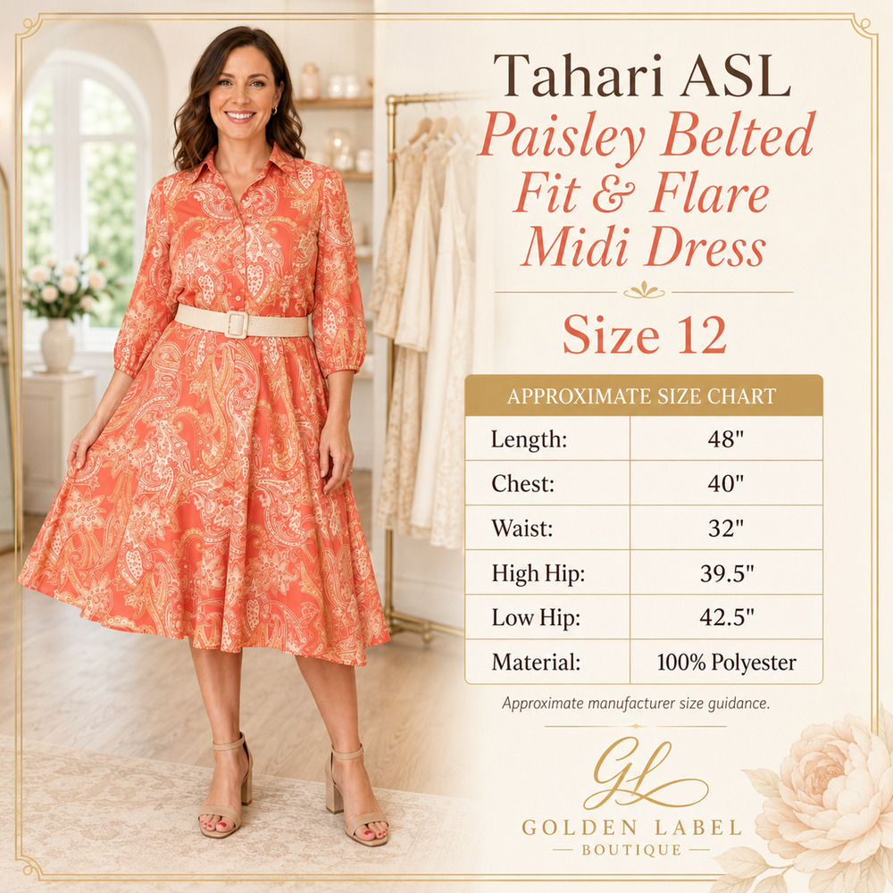 Tahari ASL Paisley Belted Fit & Flare Midi Dress Size 12 Coral Orange NWT - Picture 7 of 7